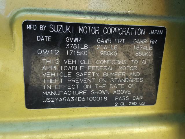 JS2YA5A34D6100018 - 2013 SUZUKI SX4 BASE GREEN photo 10