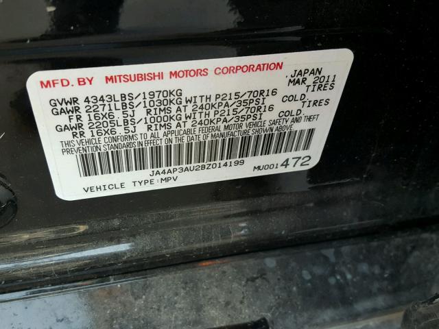 JA4AP3AU2BZ014199 - 2011 MITSUBISHI OUTLANDER BLACK photo 10