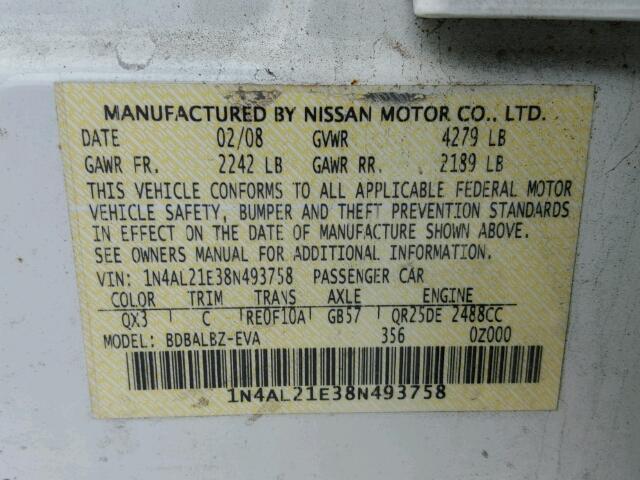 1N4AL21E38N493758 - 2008 NISSAN ALTIMA 2.5 WHITE photo 10