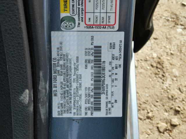 3FAHP0HG3CR180116 - 2012 FORD FUSION SE GRAY photo 10