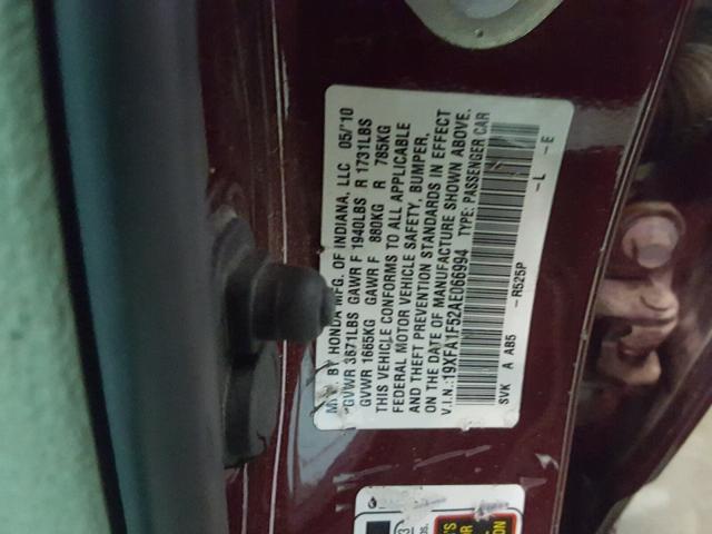 19XFA1F52AE066994 - 2010 HONDA CIVIC LX MAROON photo 10