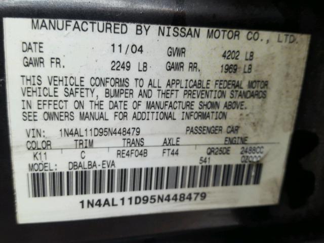 1N4AL11D95N448479 - 2005 NISSAN ALTIMA S CHARCOAL photo 10