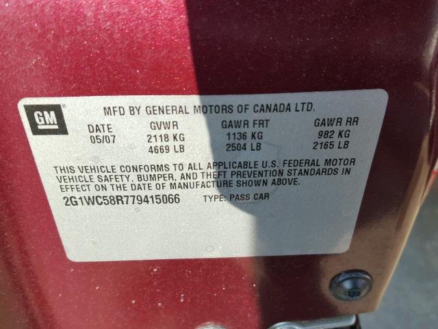 2G1WC58R779415066 - 2007 CHEVROLET IMPALA LT BURGUNDY photo 10