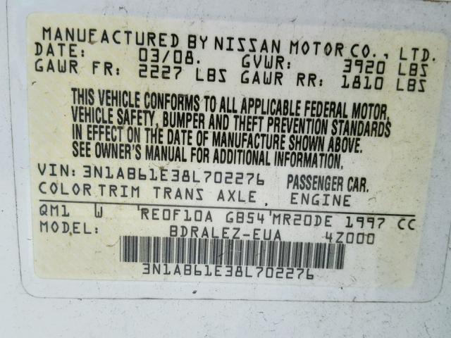 3N1AB61E38L702276 - 2008 NISSAN SENTRA 2.0 WHITE photo 10