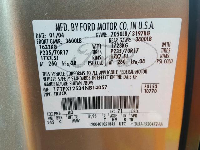 1FTPX12534NB14057 - 2004 FORD F150 GOLD photo 10