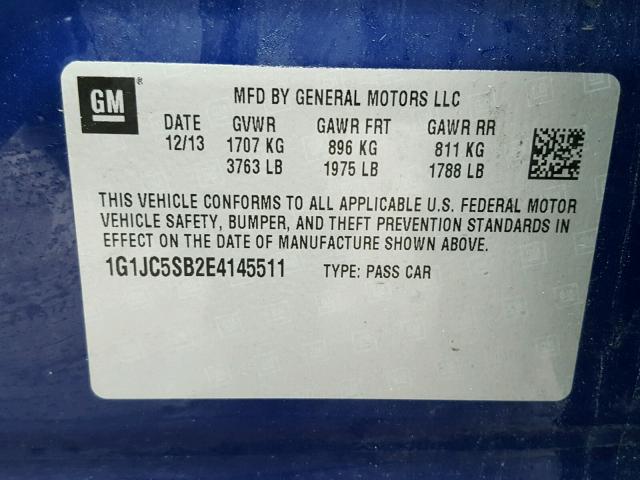 1G1JC5SB2E4145511 - 2014 CHEVROLET SONIC LT BLUE photo 10