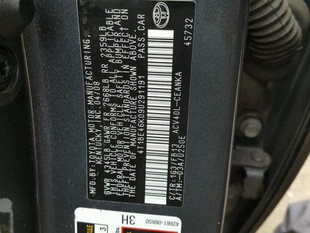 4T1BE46K09U291191 - 2009 TOYOTA CAMRY BASE GRAY photo 10