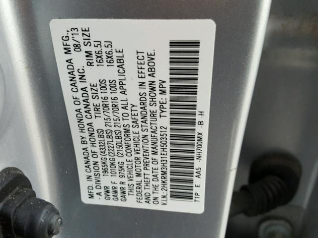 2HKRM3H31EH503512 - 2014 HONDA CR-V LX SILVER photo 10