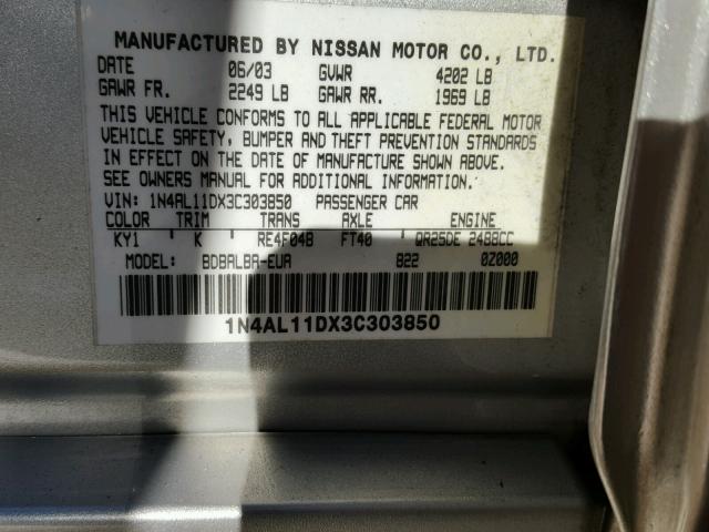 1N4AL11DX3C303850 - 2003 NISSAN ALTIMA BAS SILVER photo 10