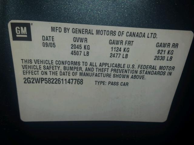 2G2WP582261147768 - 2006 PONTIAC GRAND PRIX ლურჯი ფოტო 10