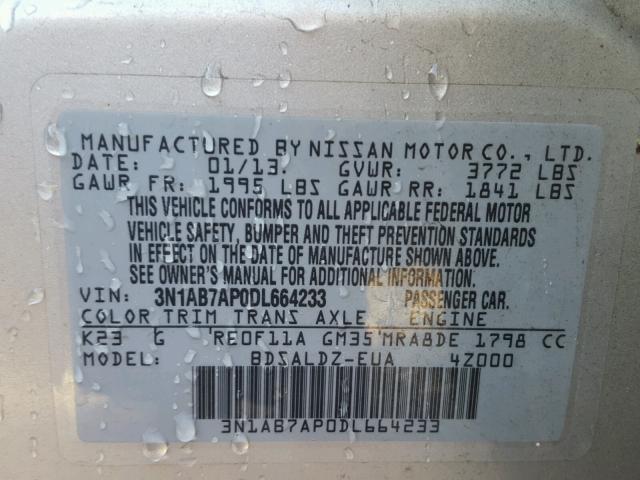 3N1AB7AP0DL664233 - 2013 NISSAN SENTRA S SILVER photo 10