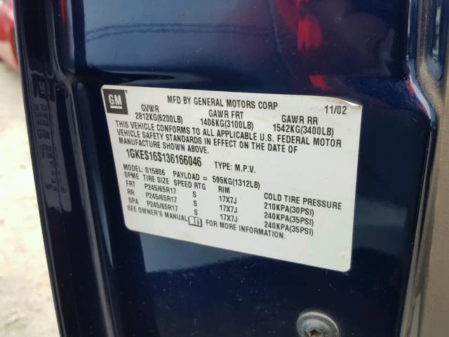 1GKES16S136166046 - 2003 GMC ENVOY XL BLUE photo 10