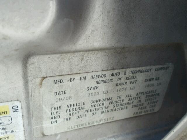 KL1TD56E29B375172 - 2009 CHEVROLET AVEO LS SILVER photo 10