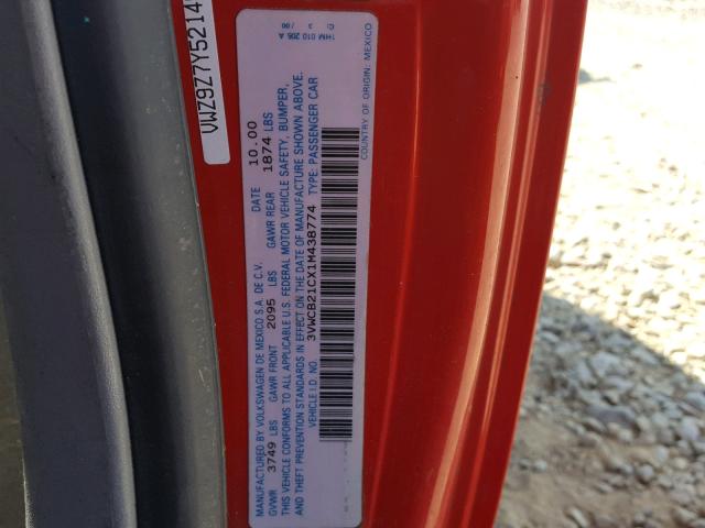 3VWCB21CX1M438774 - 2001 VOLKSWAGEN NEW BEETLE 红色 照片 10