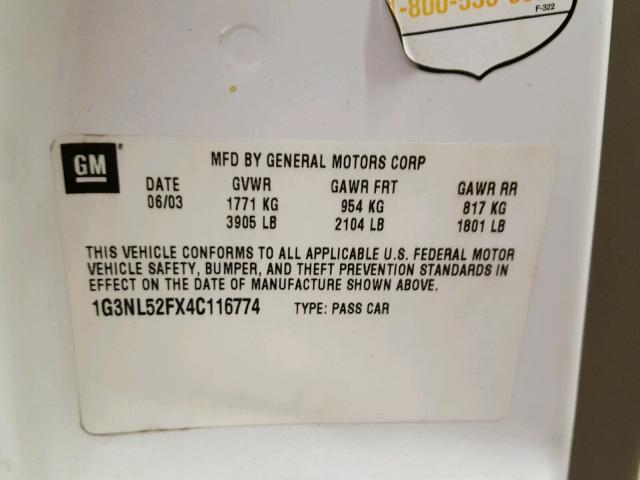 1G3NL52FX4C116774 - 2004 OLDSMOBILE ALERO GL WHITE photo 10