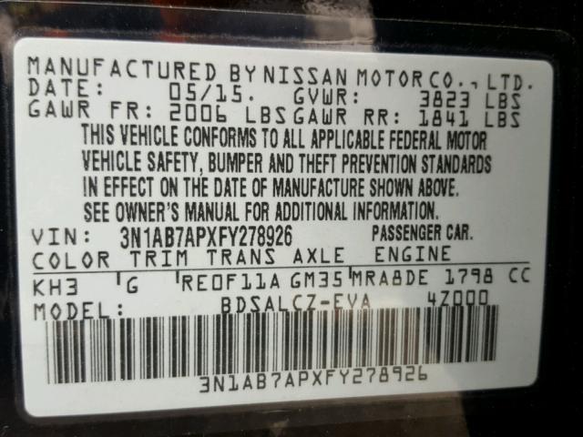 3N1AB7APXFY278926 - 2015 NISSAN SENTRA S BLACK photo 10