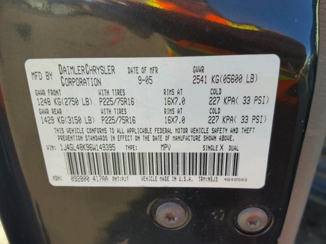 1J4GL48K96W149395 - 2006 JEEP LIBERTY SP BLACK photo 10