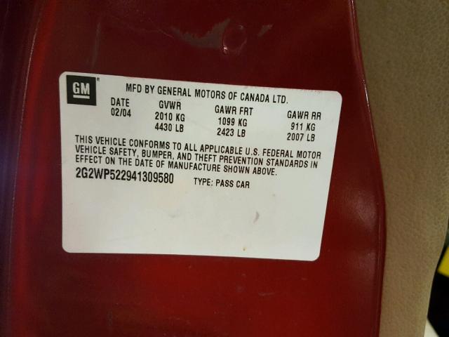 2G2WP522941309580 - 2004 PONTIAC GRAND PRIX BURGUNDY photo 10