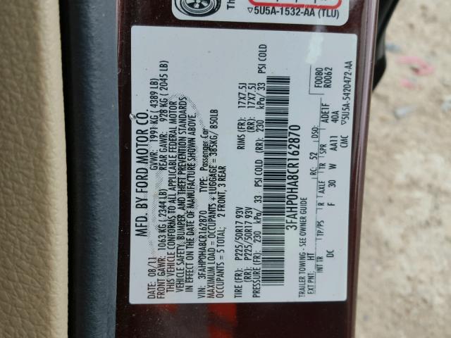 3FAHP0HA8CR162870 - 2012 FORD FUSION SE BURGUNDY photo 10