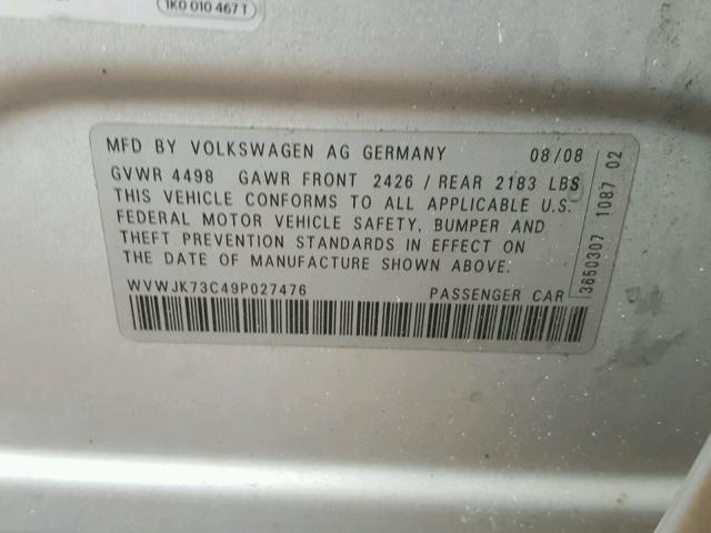 WVWJK73C49P027476 - 2009 VOLKSWAGEN PASSAT SILVER photo 10