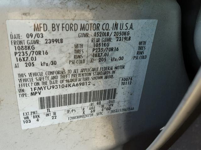 1FMYU93104KA69812 - 2004 FORD ESCAPE SILVER photo 10