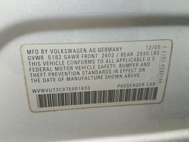 WVWVU73C97E001833 - 2007 VOLKSWAGEN PASSAT SILVER photo 10