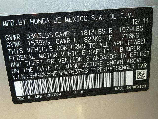 3HGGK5H53FM763756 - 2015 HONDA FIT LX Gümüş fotoğraf 10