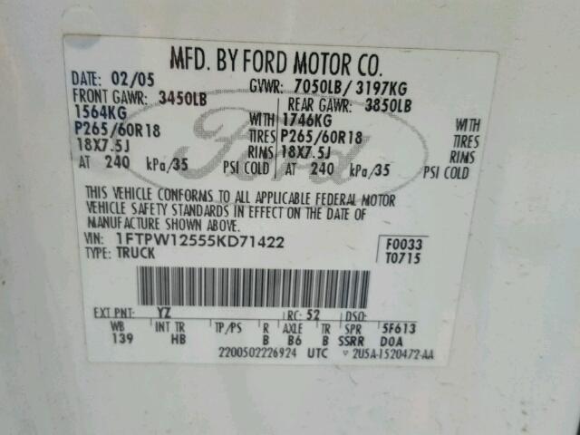 1FTPW12555KD71422 - 2005 FORD F150 WHITE photo 10