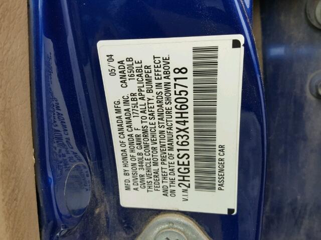 2HGES163X4H605718 - 2004 HONDA CIVIC DX V BLUE photo 10