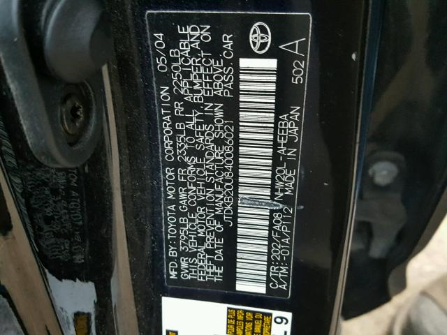 JTDKB20U840086021 - 2004 TOYOTA PRIUS BLACK photo 10