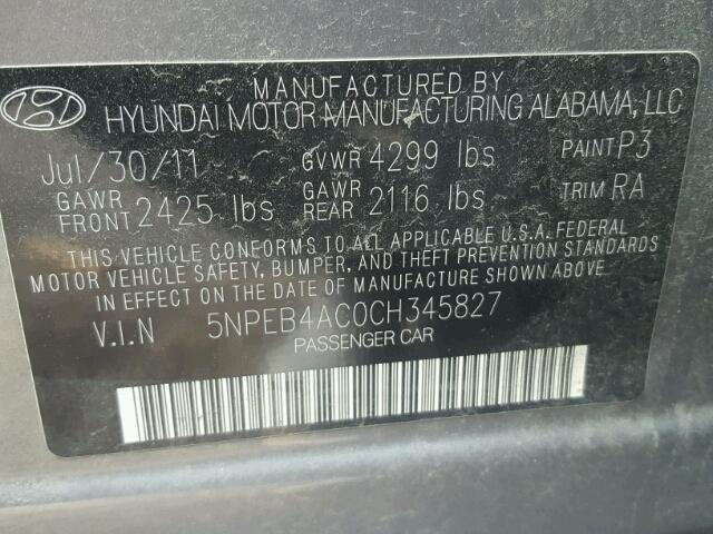 5NPEB4AC0CH345827 - 2012 HYUNDAI SONATA GLS GRAY photo 10