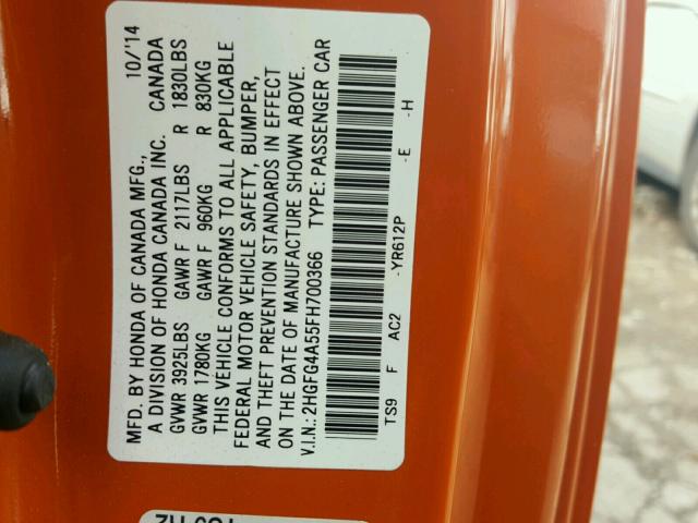 2HGFG4A55FH700366 - 2015 HONDA CIVIC ORANGE photo 9