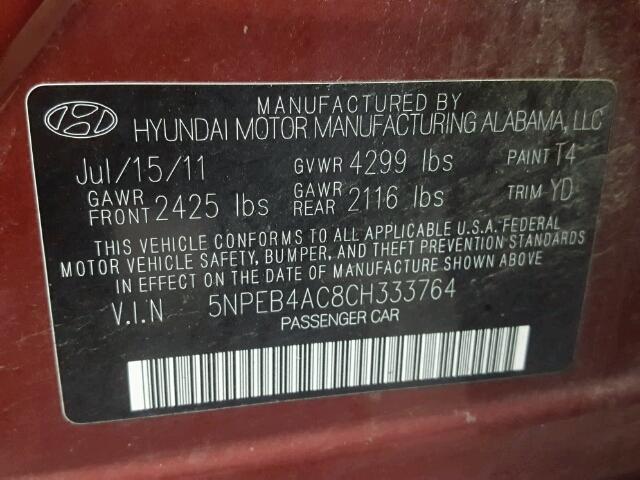 5NPEB4AC8CH333764 - 2012 HYUNDAI SONATA MAROON photo 10