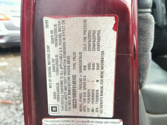 1GCCS19W9Y8140100 - 2000 CHEVROLET S TRUCK BURGUNDY photo 10