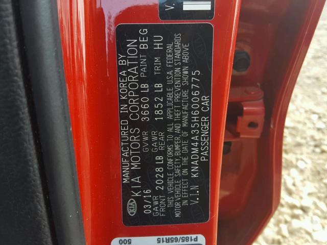 KNADM4A35H6006775 - 2017 KIA RIO LX RED photo 10