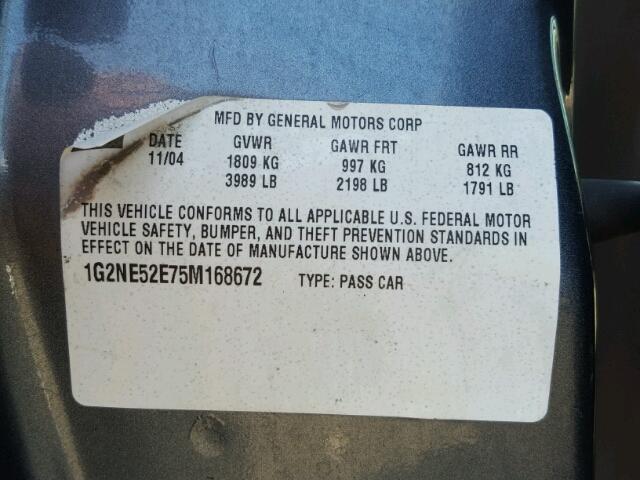 1G2NE52E75M168672 - 2005 PONTIAC GRAND AM S GRAY photo 10