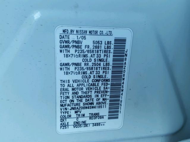 JN8AZ08W45W418511 - 2005 NISSAN MURANO SL WHITE photo 10