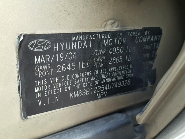 KM8SB12B54U749328 - 2004 HYUNDAI SANTA FE G GOLD photo 10