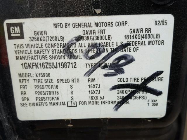 1GKFK16Z55J198712 - 2005 GMC YUKON XL K BLACK photo 10