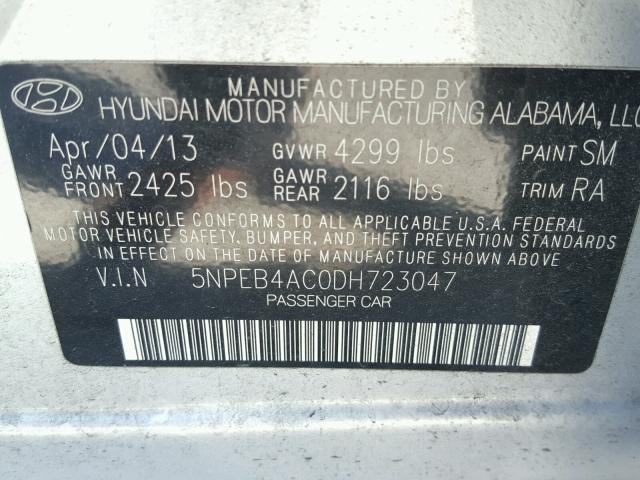 5NPEB4AC0DH723047 - 2013 HYUNDAI SONATA SILVER photo 10