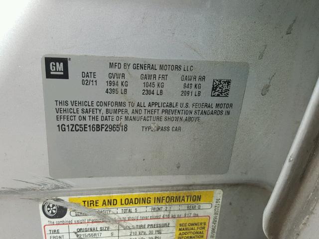 1G1ZC5E16BF296518 - 2011 CHEVROLET MALIBU 1LT 银色 照片 10