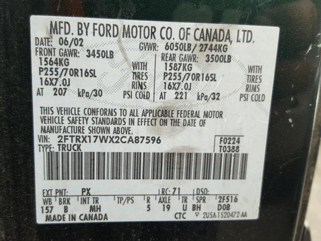 2FTRX17WX2CA87596 - 2002 FORD F150 GREEN photo 10