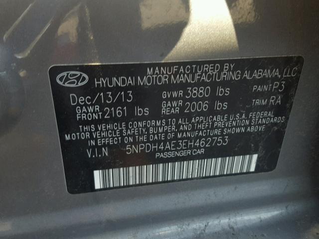 5NPDH4AE3EH462753 - 2014 HYUNDAI ELANTRA SE GRAY photo 10