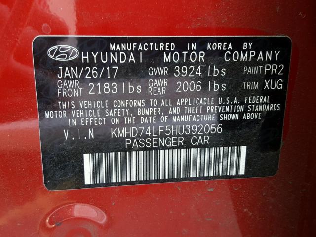 KMHD74LF5HU392056 - 2017 HYUNDAI ELANTRA SE MAROON photo 10