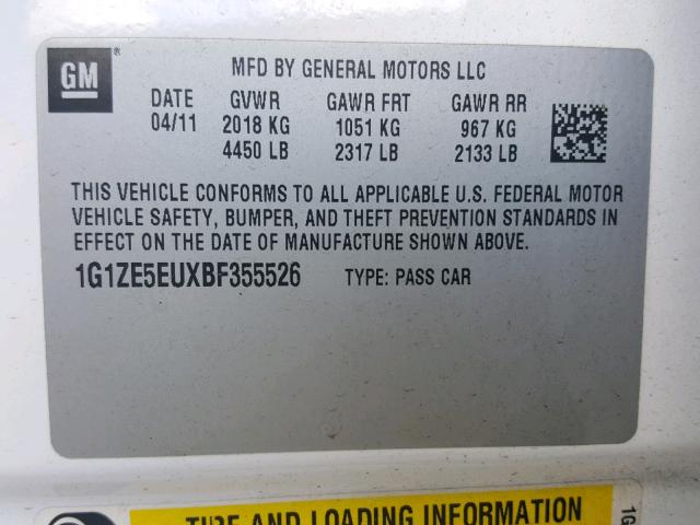 1G1ZE5EUXBF355526 - 2011 CHEVROLET MALIBU LTZ 白色 照片 10