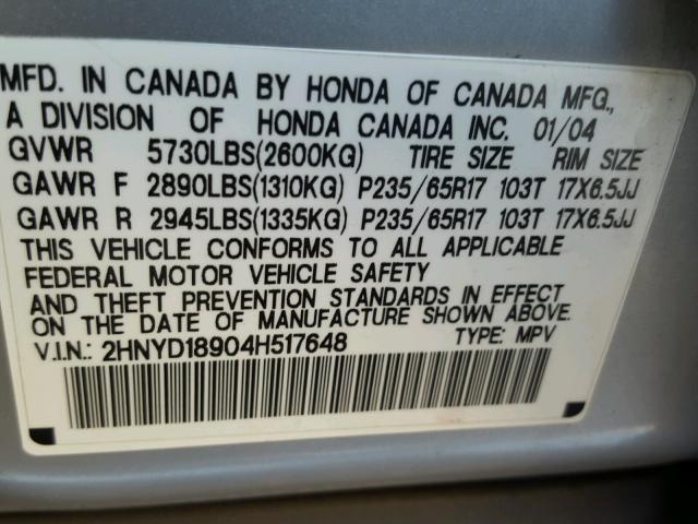 2HNYD18904H517648 - 2004 ACURA MDX TOURIN SILVER photo 10