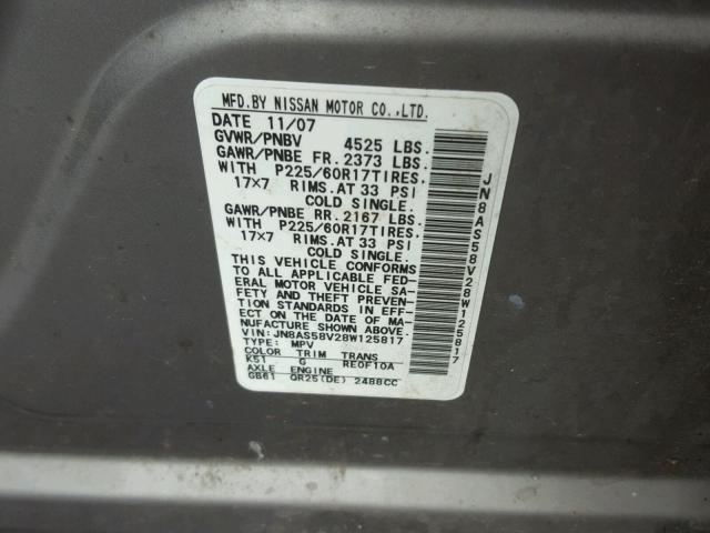 JN8AS58V28W125817 - 2008 NISSAN ROGUE S GRAY photo 10