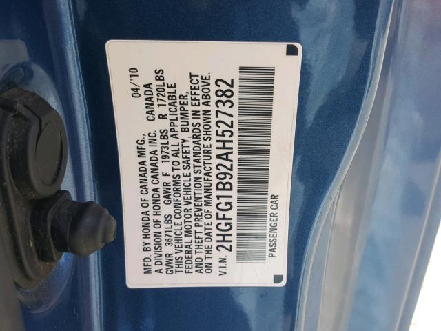 2HGFG1B92AH527382 - 2010 HONDA CIVIC EXL 蓝色 照片 10