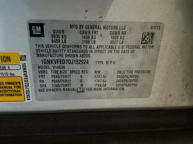 1GNKVFED7DJ152924 - 2013 CHEVROLET TRAVERSE L SILVER photo 10