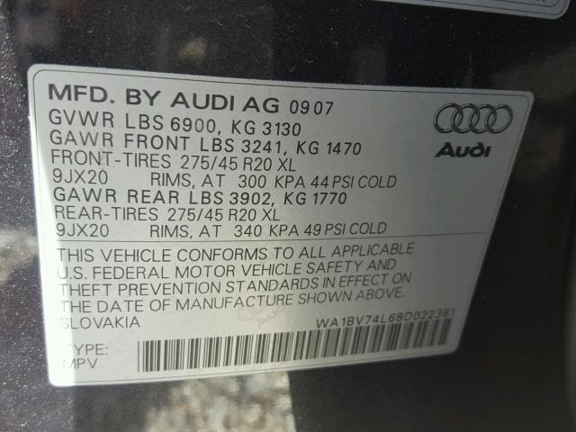 WA1BV74L68D022381 - 2008 AUDI Q7 4.2 QUA GRAY photo 10